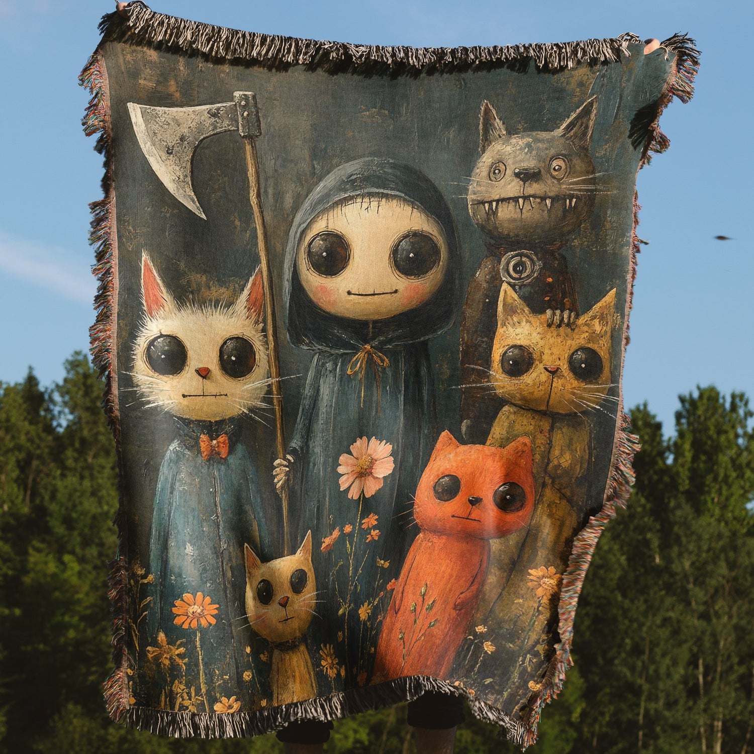 Whimsical Creepy Cats and Figure Throw Blanket product